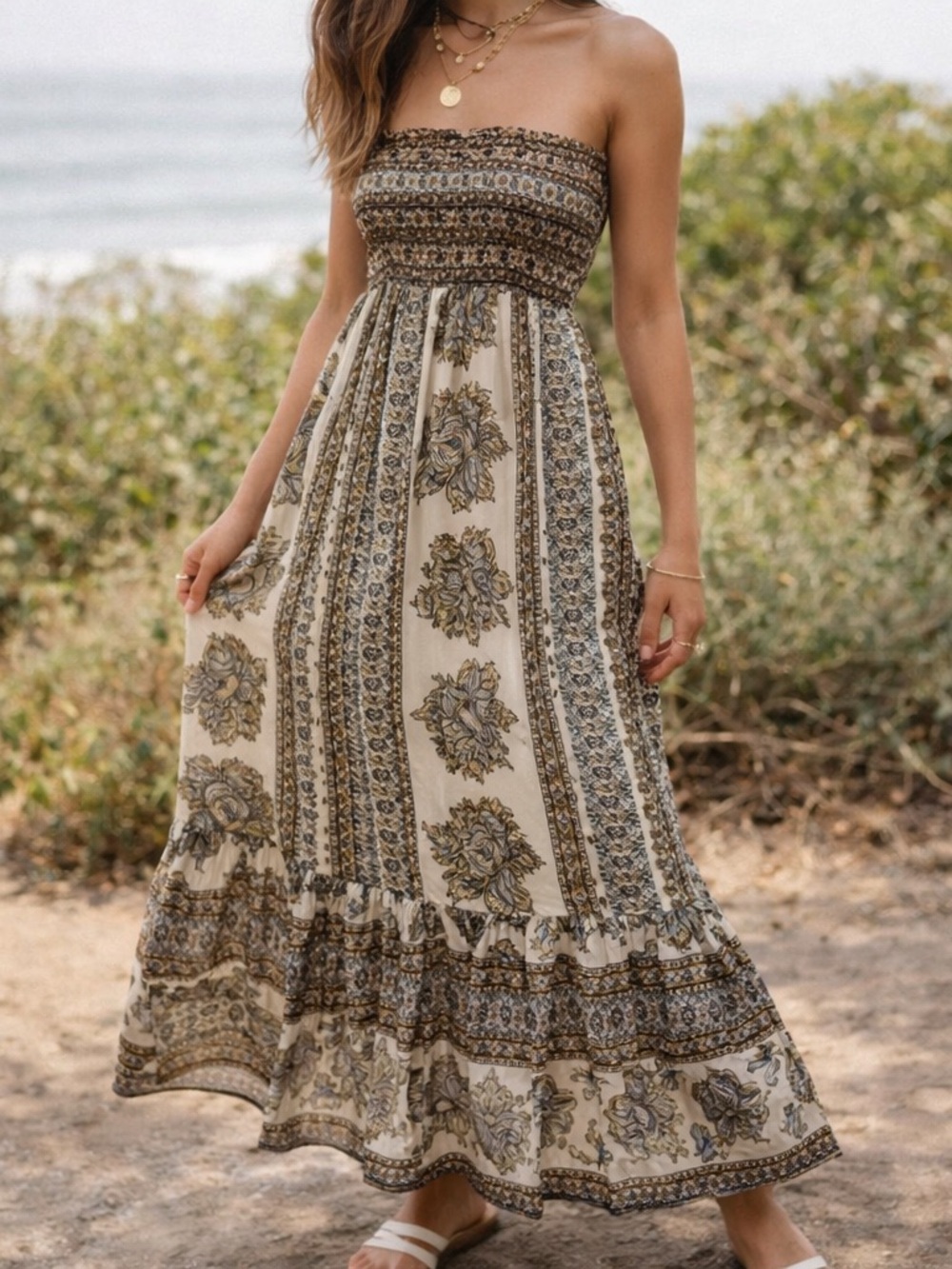 Romeo & Juliet Couture Silk Maxi Dress Paisley Strapless Smocked Boho Size M